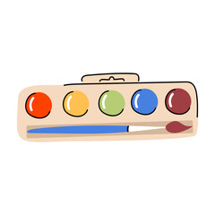 Cute simple watercolor paint palette.Paintbox with a brush. Painting and drawing tool. Watercolour kit.