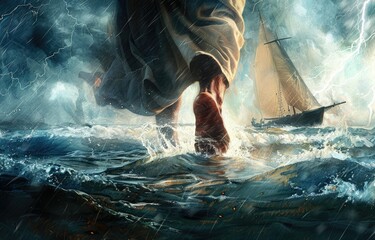 Jesus walking on water across the sea during a storm. Back view. Biblical theme. Religious concept.