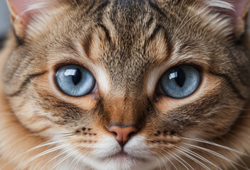  A close-up of a cats bright eyes and healthy fur. 
