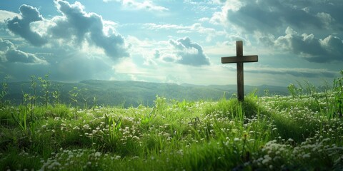A wooden cross on a lush green meadow and cloudy sky, serene landscape with copy space. Religious and spirituality concept.