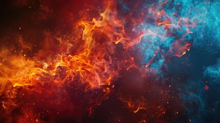 Abstract fiery and smoky orange and blue swirls on a dark background