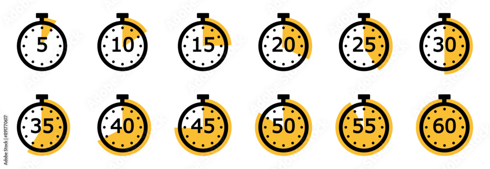 Poster timer and stopwatch icons set vector. cooking time symbols and labels. kitchen timer icon with diffe