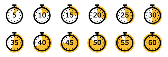 Timer and stopwatch icons set vector. Cooking time symbols and labels. Kitchen timer icon with different minutes.