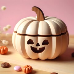Fototapeta premium Pumpkin shaped wooden candy container. Halloween.