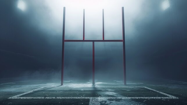 Dramatic Rugby Goalposts in Foggy Stadium - Powered by Adobe
