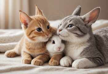  A cat cuddling with a baby bunny. 