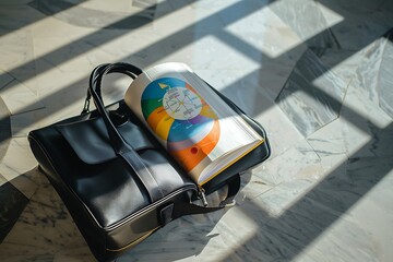A sleek school bag with a science book open to a colorful diagram, set on a marble floor under a bright classroom light