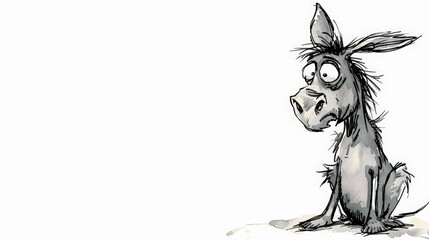 A charming ink illustration of a frazzled and nervous donkey, drawn in a cute and whimsical cartoon style against a clean white background. Generative AI