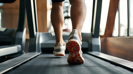 Close-up of man feet on a treadmill running at the gym or at home