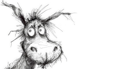 A charming ink illustration of a frazzled and nervous donkey, drawn in a cute and whimsical cartoon style against a clean white background. Generative AI