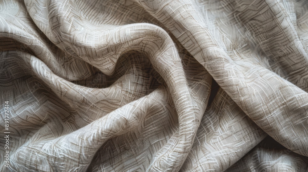 Poster a close-up view of a soft, neutral-toned linen fabric, with a subtle geometric pattern woven into th