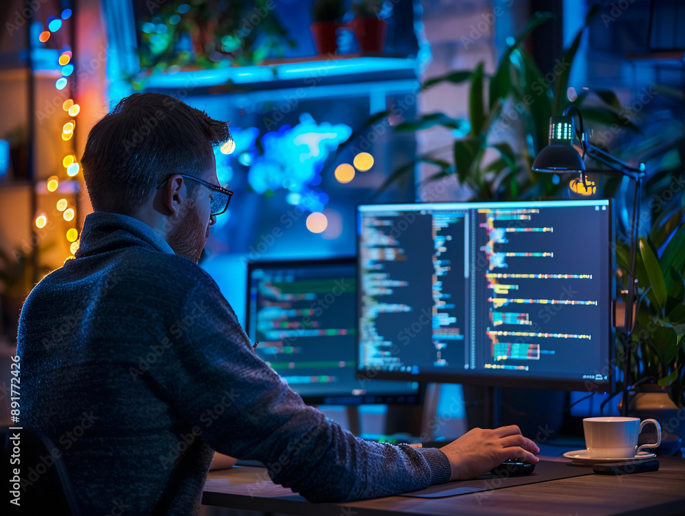Poster male programmer working late at night on a computer