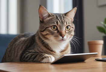  A cat staring intently at a tablet screen, seemingly watching a video. 