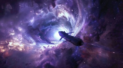 A starship traveling through a wormhole to a distant galaxy 