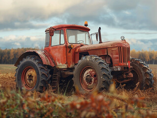 Fototapeta premium Red Tractor Parked In A Field After Autumn Harvest