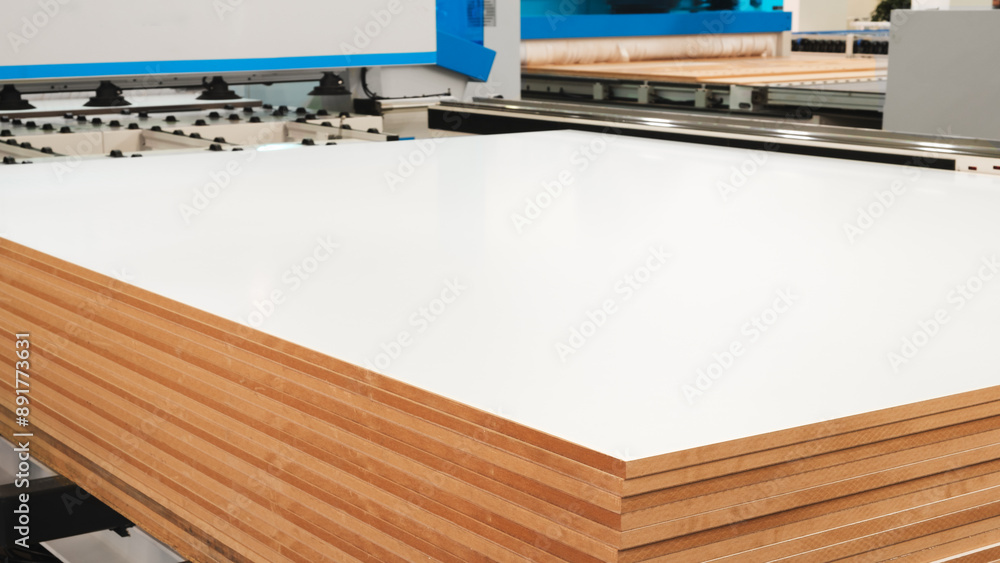 Poster a stack of wooden boards chipboard are being cut by a machine. the boards are all the same size and 