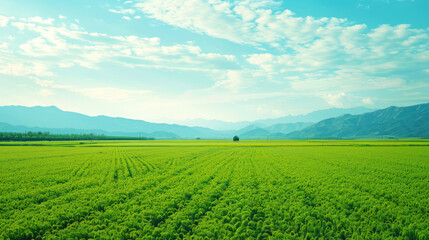 Fototapeta premium A vast, fresh prairie with crops under a clear blue sky and white clouds, showcasing an expansive and serene rural landscape