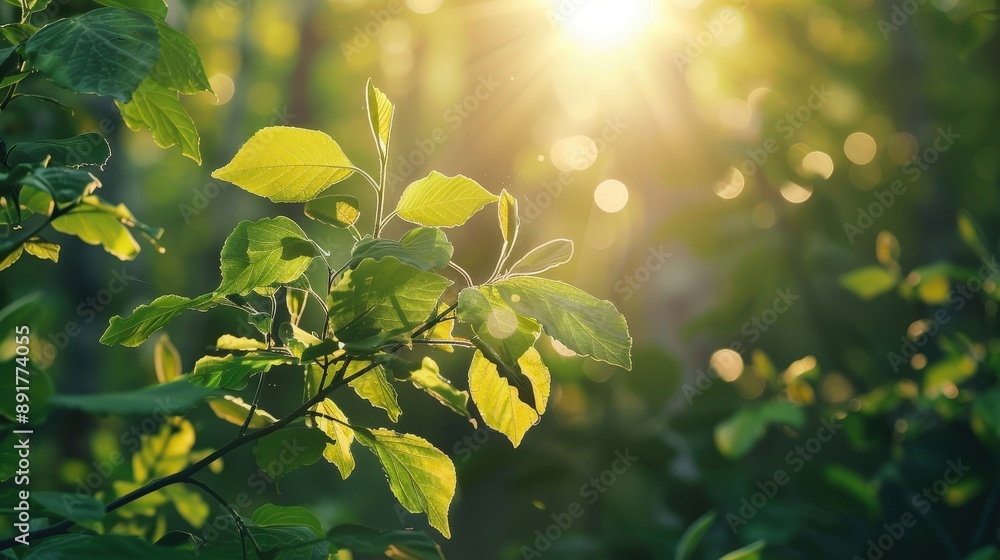 Poster sunlight streams through the branches of a tree in a forest, illuminating fresh green leaves