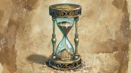An antique hourglass with sand slowly flowing through, signifying time passing, impermanence, and the fleeting nature of life. The dusty surface suggests a sense of age and history, while the golden f