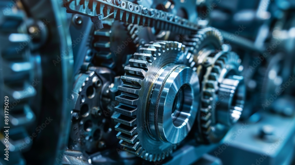 Poster a detailed close-up view of complex mechanical gears in an industrial machine setting; the image sho
