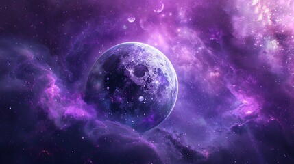 Obraz premium A lone planet bathed in purple light, surrounded by swirling nebulae, symbolizing cosmic wonder, vastness of space, celestial beauty, mystery of the universe, and the search for other worlds.