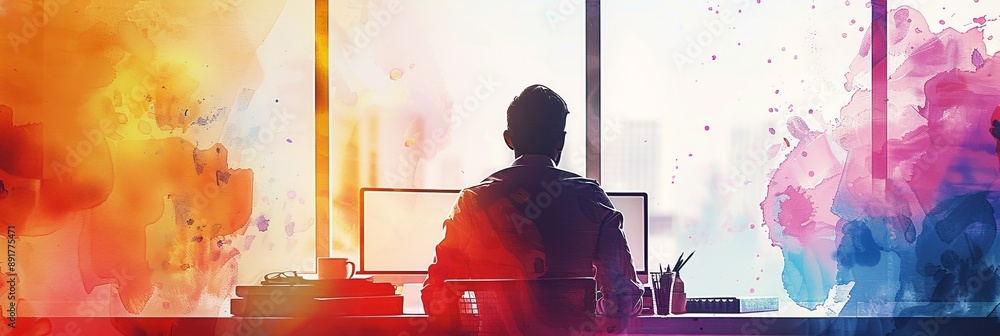 Poster a silhouette of a person sitting at a desk in front of a computer, with a colorful abstract backgrou