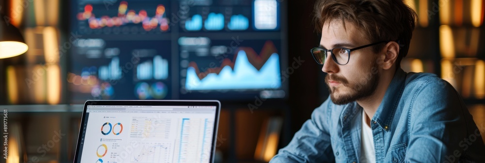 Poster a focused data analyst carefully studies charts and graphs displayed on a laptop screen, symbolizing