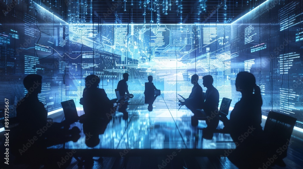 Poster a team of people, silhouettes in a virtual reality setting, gathered around a table, with data visua