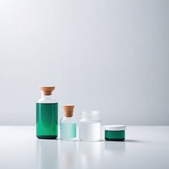 Several glass bottle with a stopper with green medical liquid on a white background.