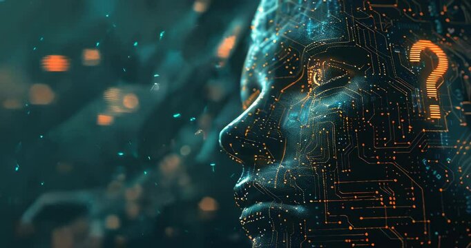 Representation of ethical AI dilemmas with holographic human face and circuits. AI ethics