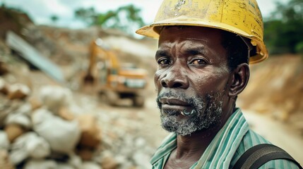 Fototapeta premium A determined construction worker wearing a yellow helmet stands at a rugged work site, symbolizing labor, determination, resilience, engineering, and humanity