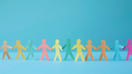 Colorful paper chain people standing on a blue background representing unity, diversity, teamwork, inclusion, and community.