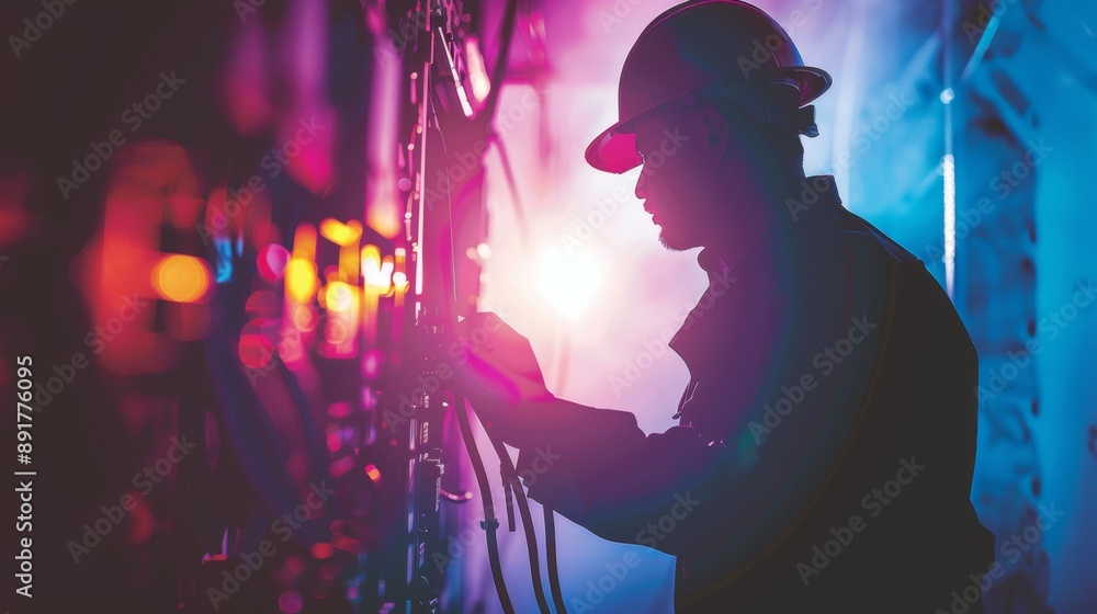 Poster a silhouette of an electrical engineer working on a server rack in a data center, representing the i