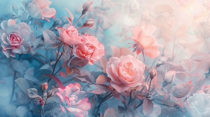 Delicate pink roses in a dreamy garden setting, symbolizing beauty, romance, serenity, elegance, and nature's bounty. The soft focus adds a magical, ethereal quality.