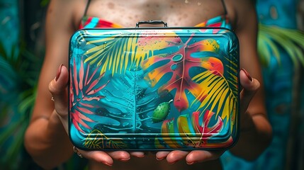 A woman holding a colorful suitcase, ready for travel.