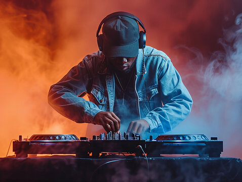 DJ Mixing Music on Turntables in a Smoky Nightclub