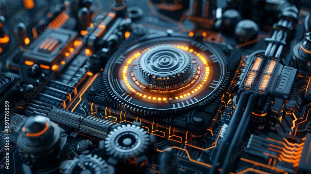 Poster a close-up of a futuristic technology background, showcasing a complex system of interconnected circ