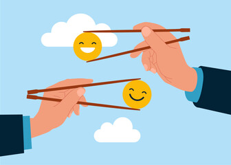 Gamma arms fingers hold chopsticks with funny and positive emoticons. Positive thinking business people. Modern vector illustration in flat style