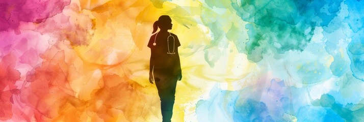 A silhouette of a healthcare professional with a stethoscope walking forward through a vibrant watercolor background, symbolizing hope, healing, compassion, diversity, and a bright future.