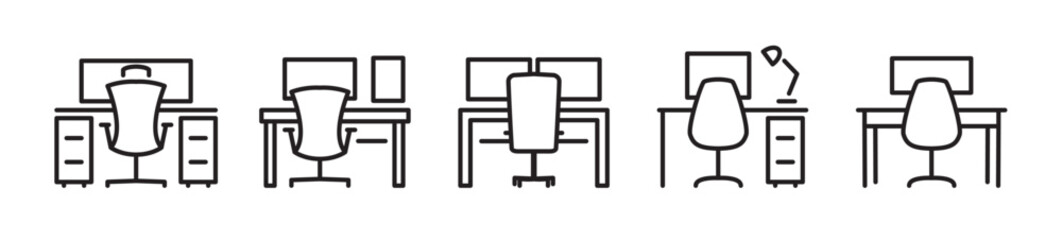 Desk icon set, office desk vector icon in line style. Work table vector illustration. Workplace with computer and desk lamp icon in transparent background.