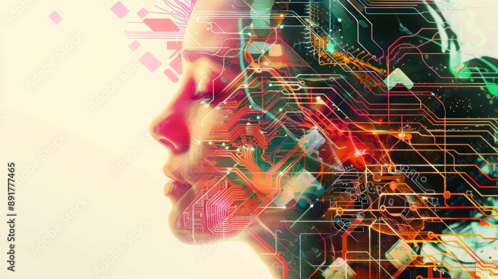 Poster a visually striking image symbolizing the convergence of technology, human thought, digital circuitr