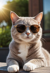  A cat wearing sunglasses, basking in the sun. 