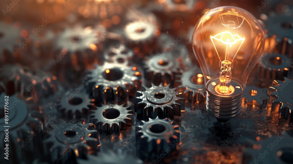 Poster a glowing light bulb amidst interconnected gears symbolizes innovation synergy creativity and the fu