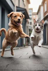  A cat and a dog playfully chasing each other. 