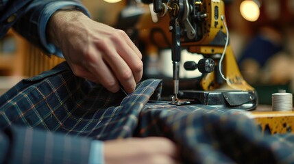 A tailor carefully sews a piece of plaid fabric using an industrial sewing machine in a well-lit workshop