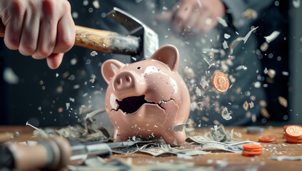 A person smashing piggy bank with hammer, money coming out of it on office table, stock photo style, high detail, sharp focus, studio light, high resolution photography