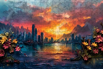 Naklejka premium Colorful flowers accent a city skyline in this engaging jigsaw puzzle image.