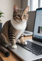  A cat perched on a keyboard, interrupting someones work (with a laptop in the background). 