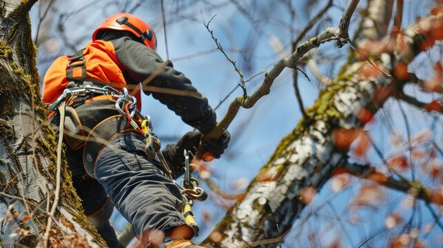 A tree surgeon, wearing an orange safety vest and helmet, is carefully pruning branches high up in a tree. The tree surgeon is secured to the tree with ropes and harnesses