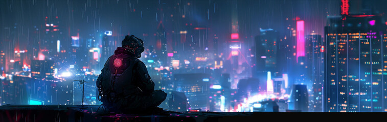 Night Watch in a Neon Urban Jungle - A lone figure sits on a rooftop, overlooking a vibrant, neon-lit city in the rain symbolizing solitude, futuristic atmosphere, urban exploration, cyberpunk ambianc